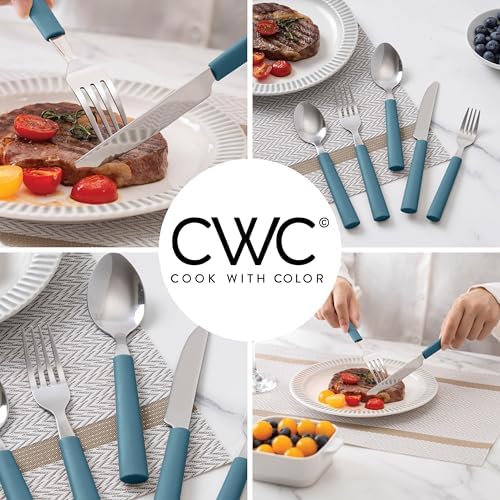 COOK WITH COLOR Bamboo Kitchen Utensil Set with Drawer Organizer | Cooking Tools and Storage Caddy, Blue, 25 Piece Cutlery Set