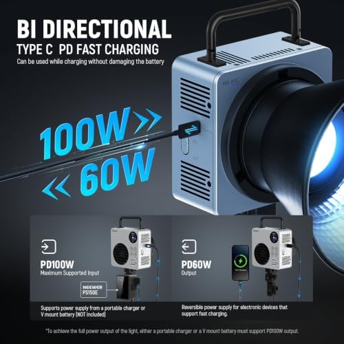NEEWER HB80C RGBWW LED Video Light with Built-in 72Wh Battery & 100W PD Fast Charging, 80W Mini RGB COB Continuous Output Lighting Bowens Mount Handheld Spotlight 2500K-7500K, 10400lux/m, 18 Effects