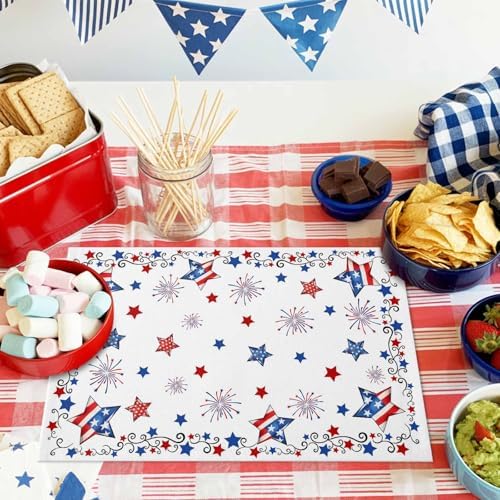 4th of July Placemats Set of 6, Patriotic Stars Fireworks Heat Resistant Washable Dining Table Mats Summer Farmhouse Decor for Kitchen&Table Linens Outdoor Indoor, Red White and Blue American Flag