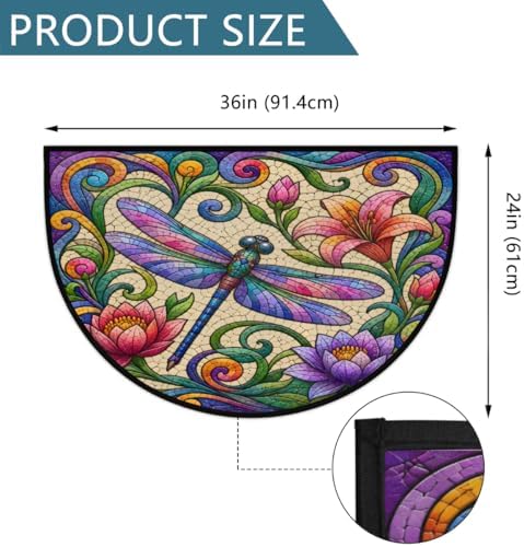 Bohemian Dragonfly Flower Half Round Door Mat, Non-Slip Welcome Indoor Entrance Way Rug Semi Circle Front Doormats Washable Bathroom Kitchen Floor Mat, Outdoor Rugs for Garage, Patio, Hearth Rug,B-1