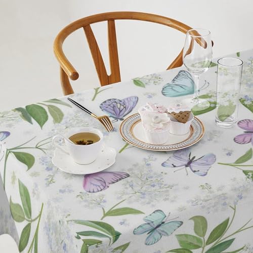 Butterfly Floral Tablecloth, Spring Summer Watercolor Flowers Plants Leaves Print Table Cover for Party Picnic Dinner Decor 55x75in