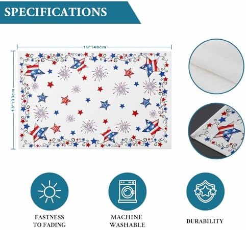 4th of July Placemats, Patriotic Stars Fireworks Heat Resistant Washable Dining Table Mats Summer Farmhouse Decor for Kitchen&Table Linens Outdoor Indoor, Red White and Blue American Flag