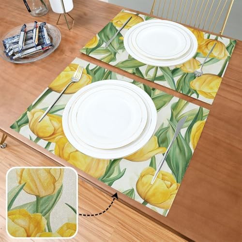 ALAZA Yellow Tulip Flowers Set of 6 Placemats Rectangle Table Mat for Dining Table Restaurant Kitchen Home Decor, 12" x 18"