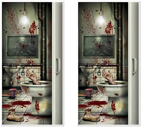 Beistle Creepy Crapper Restroom Door Covers, 5’ x 30”, 2 Pieces – Plastic for Indoor & Outdoor Use – Easily Display – Halloween Party Decorations, Horror Crime Scene Decor, Murder Mystery Party