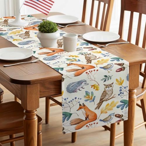 Fall Table Runner Autumn Animal Table Runners Harvest Thanksgiving Owl Bird Fox Leaves Cotton Linen Dresser Scarf Kitchen Dining Table Decor for Autumn Holiday Party Coffee 13x60 Inch