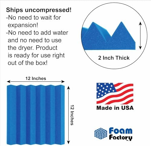 Foam Factory Inc 24 Pack Color Acoustic Foam Panel Studio Soundproofing Wedge Wall Tiles 12” X 12” X 2” (Blue)