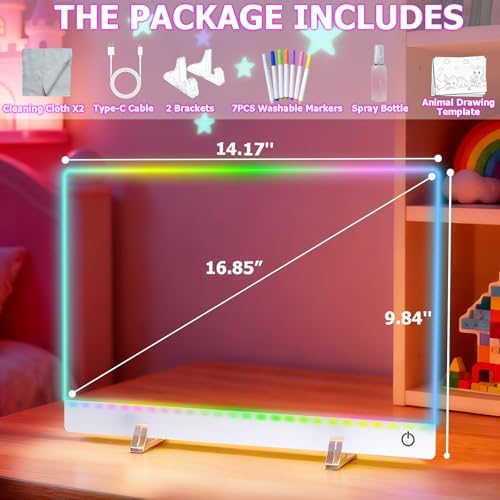 16.8-Inch Led Drawing Board for Kids: Rechargeable Lumiboard LED Drawing Tablet with 7 Colors&3 Dynamic Modes Dry Erase Boards Light Up Drawing Board Toys Birthday Gifts for Grandkids Girls Teens