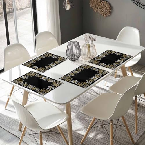 Gold White Snowflakes Chriatmas Placemat 1PC, Winter Xmas Holiday Heat Resistant Washable Table Place Mats Black Cotton Table Linens Party Holiday Decor for Kitchen Dining Outdoor Indoor