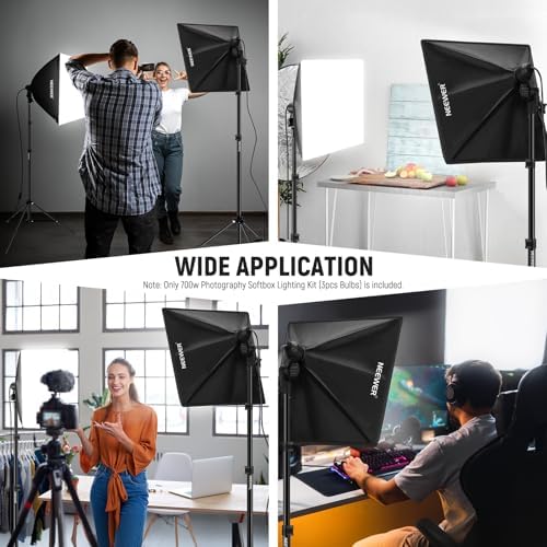 NEEWER 700W Equivalent Softbox Lighting Kit, 3Pack UL Certified 5700K LED Lighting Bulbs, 24x24 inches Softboxes with E26 Socket, Photography Continuous Lighting Kit Photo Studio Equipment