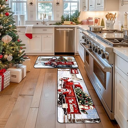 Kitchen Rugs Mat 2 PCS Christmas Halloween Kitchen Rugs Non Slip Washable with 1 PCS Mouse Pad Home Rug Sets Decorations, The Season