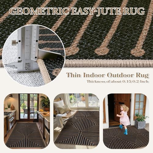 Lahome Black 3x5 Washable Rug, Neutral Easy Jute Entryway Front Porch Rug