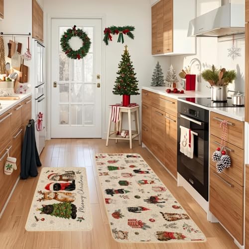 Baccessor Meowy Christmas Kitchen Rugs Set of 2 Cats 17x29 and 17x47 Inch