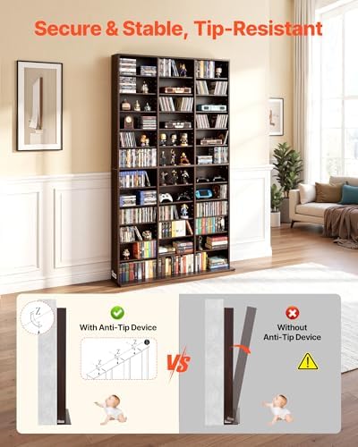 VEVOR Media Storage Cabinet, 12-Tier DVD Shelf Organizer, 40.08 x 9.09 x 71.26 in Multimedia Storage Organizer for CDs, DVDs, Books and Games, CD Shelf for Living Room, Home Office, Recording Room