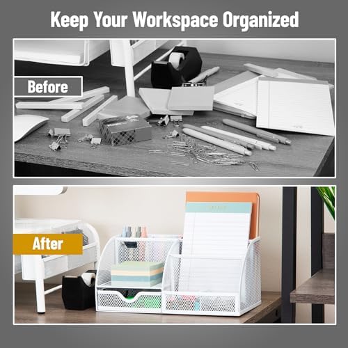 Mind Reader 7-Compartment Desktop Organizer, Metal Mesh, White