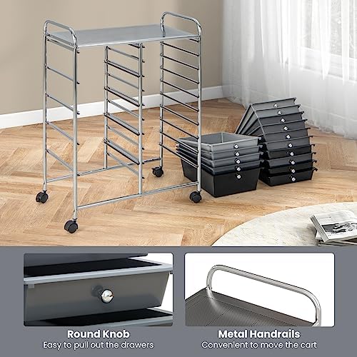 COSTWAY 15 Drawer Rolling Storage Cart, Mobile Utility Cart with Lockable Wheels, Drawers, Multipurpose Organizer Cart for Home, Office, School, Gradient Black