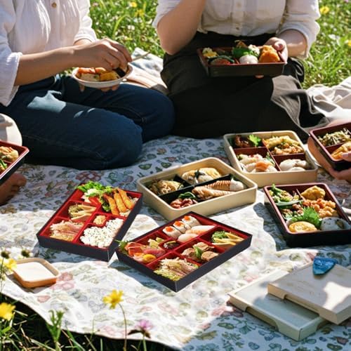 Teenyyou 4 Pcs 12 x 9.5 x 2.2 inches Japanese Bento Box Adult 6 Compartments Divided Japanese Food Presentation with Greaseproof Restaurant Bento Tray Sushi Tray Gift for Sushi Home Restaurant