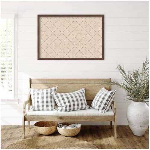 Kate and Laurel Framed Fabric Pinboard 38 x 26, Green Lattice Pattern Printed Linen Classic Bulletin Board for Use as a Vision Board or Wall Organization, Florence Medium Brown Frame