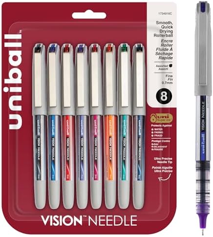 uniball Vision Needle Roller Ball Pen, Stick, Fine 0.7 Mm, Assorted Ink Colors, Silver Barrel, 8/pack