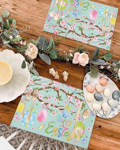 Happy Easter Placemats Set of 6, Spring Floral Bunny Rabbit Ear Eggs Heat Resistant Dining Table Mats Holiday Farmhouse Decor for Kitchen&Linens Outdoor Indoor, Pink Flower Branch Green Leaves
