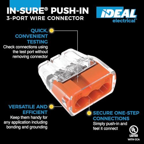 Ideal Electrical in-Sure Push-in Wire Connector, 3-Port (30-1333S), Bag of 10—Color Coded No-Twist Connectors for Solid and Stranded Wires