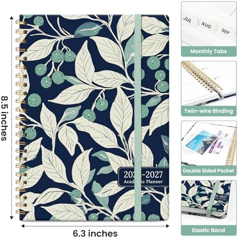 Planner 2026-2027, Jul 2026-Jun 2027 Academic Monthly & Weekly Planner | 6.3" x 8.5" Hardcover Pretty Calendar Planner for Women, Spiral Organizer for School Office Home Supplies, Botanic Berry