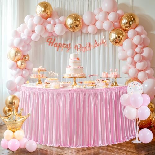 Wish Care 9ft Pink Satin Table Skirt for Rectangle Tables Wrinkle Free Teacher Desk Skirt Glitter Ruffle Table Skirting Cloth for Back to School Classroom Office Dorm Girls Birthday Party Table Decor