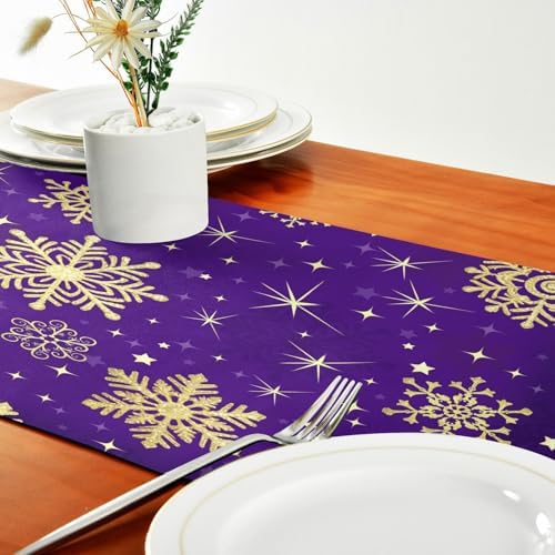 ALAZA Double-Sided Winter Violet Purple with Gold Snowflakes Christmas Table Runner 18x72 Inches Long,Table Cloth Runner for Wedding Birthday Party Kitchen Dining Home Everyday Decor