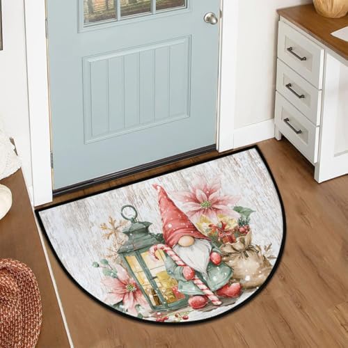 Christmas Vintage Gnome Half Round Door Mat, Non-Slip Welcome Indoor Entrance Way Rug Semi Circle Front Doormats Washable Bathroom Kitchen Floor Mat, Outdoor Rugs for Garage, Patio, Hearth Rug