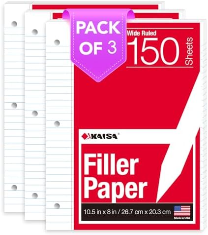 KAISA Filler Paper Loose Leaf Paper, Wide Ruled Paper, 8"x10-1/2", 3-Hole Punched Binder Paper For 3-Ring Binders,150 Sheets/pack 3Pack, F15001W