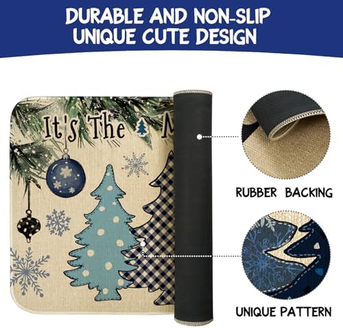 Winter Kitchen Rugs and Mats Set of 2,Let It Snow Blue Christmas Pine Trees Balls Ornament Snowflakes Winter Holiday Sink Mat Non Skid Washable for Home Farmhouse Floor Decor 17"x47"+17"x30"