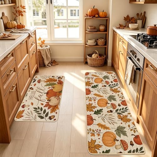 Baccessor Fall Kitchen Rugs Set of 2, Pumpkin Mushroom Kitchen Mats for Floor Washable Low-Profile Farmhouse Autumn Holiday Home Indoor Outdoor Decor 17x29 and 17x47 Inch