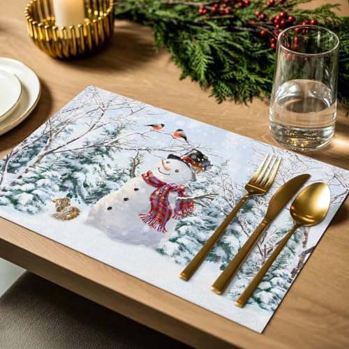 Christmas Placemats Set of 4, Snowman Squirrel Bird Heat Resistant Washable Dining Table Mats Xmas Holiday Farmhouse Decor for Kitchen&Linens Outdoor Indoor, Pine Tree Branch Snowflake