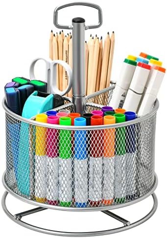 Marbrasse Mesh Desk Organizer, 360-Degree Rotating Multi-Functional Pen Holder, 4 Compartments Desktop Stationary Organizer, Home Office Art Supply Storage Box Caddy (silver)