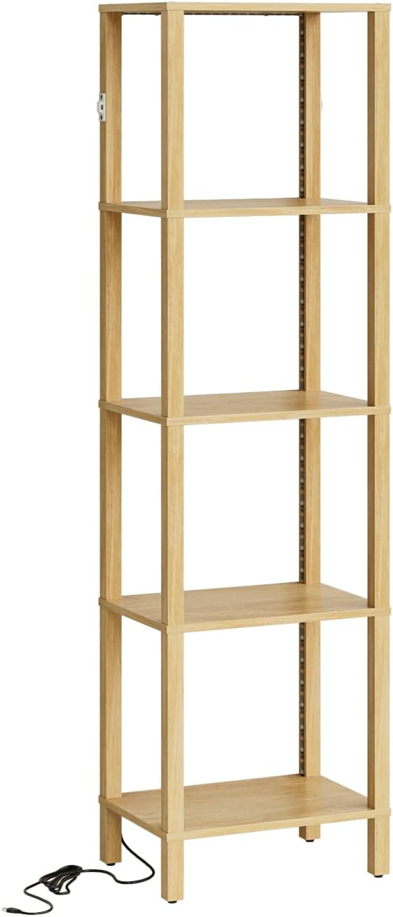 Open Book Shelf with LED Lights, 5 Tier Tall Bookshelf, Freestanding Shelf Narrow Bookcase with Open Shelves, 14.96" x 10.63" x 53.54", Book Shelves for Living Room, Office, Study, Oak