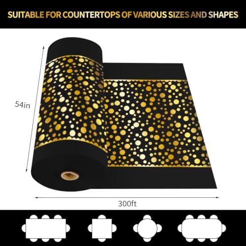 CXPSINC 54 Inch X 300 Feet Plastic Table Cover Roll Disposable Tablecloth with Slide Cutter for All Type/Shape Tables | Party, Banquet, Birthdays, Weddings(Black Golden Dot, 300 Feet)