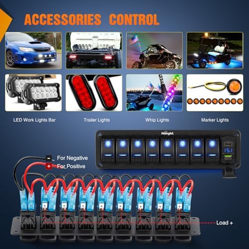 Nilight 8 Gang Rocker Switch Panel with PD Type C and USB Charger Voltmeter