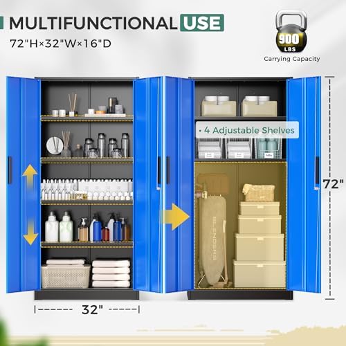 Greenvelly Metal Garage Storage Cabinet, 72" Tall Steel Storage Cabinets with 2 Doors and 4 Adjustable Shelves, Metal Tool Cabinets, Locking File Cabinet for Home Office, Garage, School (Black Blue)