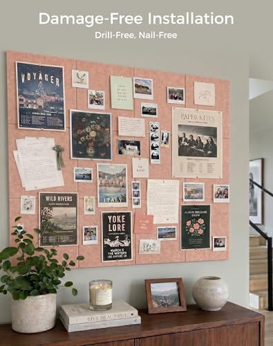 Aothia Felt Bulletin Board Tiles, 12-Pack 48"x36" Large Pin Board for Wall, Modern Cork Board Alternative for Notes, Photos, Memo & Office Organization, 70 Adhesive Tabs & 40 Push Pins, Pink