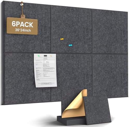 JBER Large Felt Bulletin Board 36" x 24", 6 Pack Felt Wall Tiles, Dark Gray