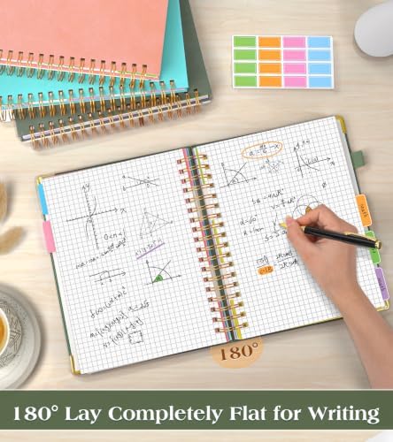 5 Subject Graph Paper Notebook with Removable Dividers Tabs, 300 Pages Hardcover Leather Grid Spiral Journal, 8"x10" B5 Large Graphing Notebooks for Women Men Work School College Engineering, Green