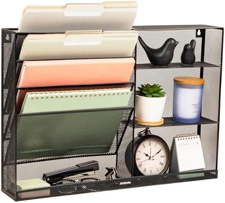 Mind Reader 4-Tier Vertical File Storage and Shelves, Desktop Organizer, Wall Mount, Office, Metal Mesh, 22.5"L x 4"W x 16"H, Black