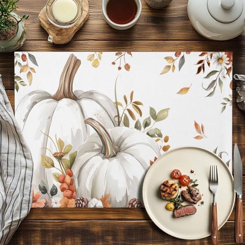 Fall Floral Leaves Placemats Set of 6, Thanksgiving Pumpkins Heat Resistant Washable Table Place Mats Boho Cotton Table Linens Party Holiday Decorations for Home Kitchen Dining Table Outdoor Indoor,