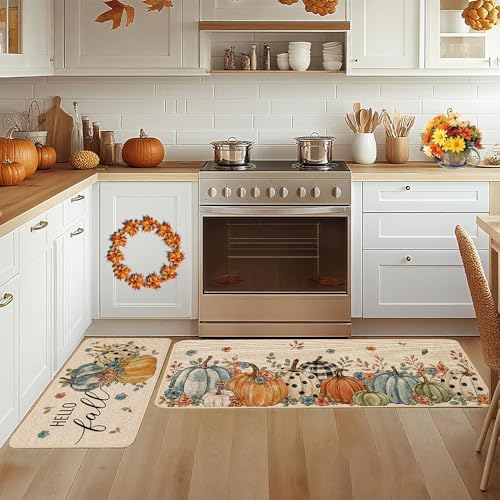 Baccessor Fall Kitchen Rugs Set of 2, Blue Pumpkins Floral