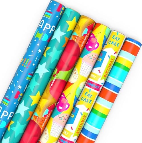 Hallmark Birthday Wrapping Paper Rolls, 6 Rolls (Stars, Stripes, Balloons)