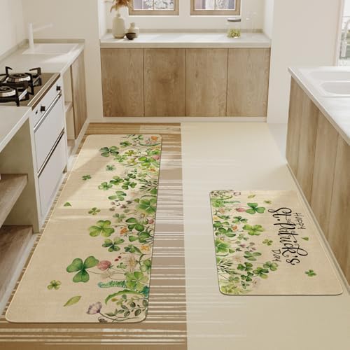 St Patricks Day Spring Kitchen Rugs and Mats Set of 2,Lucky Shamrock Clovers Floral Farmhouse Non Slip Washable Floor Sink Mats Decorations for Home Kitchen 18"x48"+18"x30"
