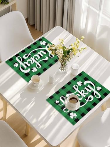 St. Patrick's Day Buffalo Plaid Placemats Set of 4, Lucky Shamrocks Clover Heat Resistant Washable Dining Table Mats Rustic Green Black Farmhouse Decor for Kitchen&Table Linens Outdoor Indoor