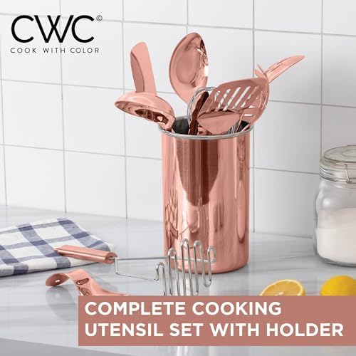 COOK WITH COLOR Kitchen Utensil Set - premium Nonstick & Heat Resistant Kitchen Gadgets, Turner, Spaghetti Server, Serving Spoons, Whisk, Tongs, Masher & Utensil Holder, 10-piece Rose Gold