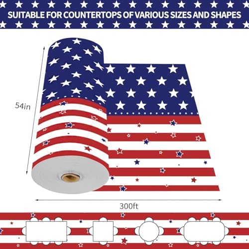 CXPSINC 54 Inch X 300 Feet 4th of July Patriotic Plastic Table Cover Roll Disposable American Flag Tablecloth with Slide Cutter for Veterans Day, Patriotic, Memorial, Fourth of July, Independence