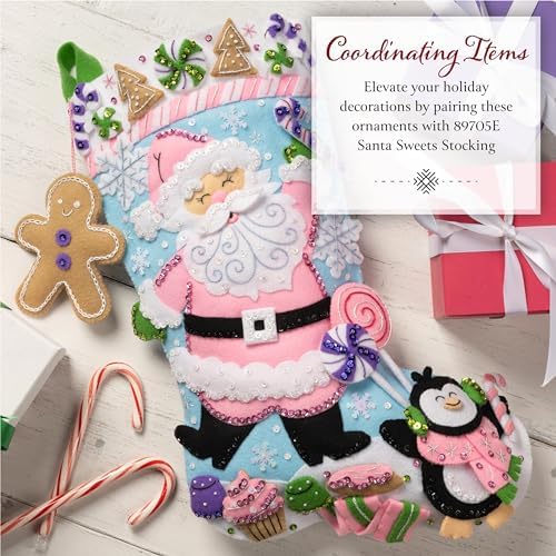Bucilla Felt Applique 4 Piece Ornament Making Kit, Santa Sweets, Perfect for Holiday DIY Arts and Crafts, 89708E