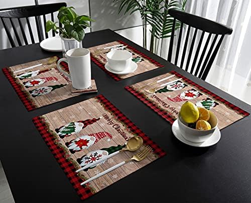 Gnomes Christmas Decorations Placemats Set of 6, Farmhouse Buffalo Plaid Red Black Cotton Line Stain Resistant Table Mats Washable Holidays Placemat For Kitchen Dining Table Winter Snowflakes